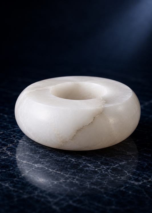Moon Alabaster Candle Holder in natural white alabaster stone for luxury beeswax ritual candles by Ra Lumière