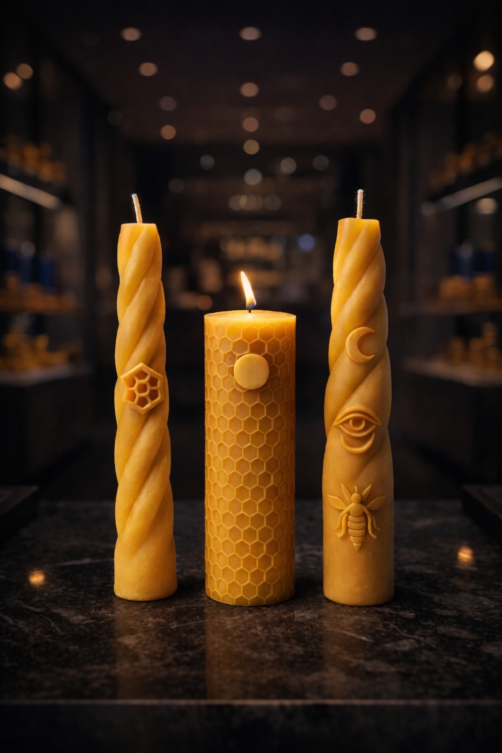 Luxury hand-poured beeswax candles by Ra Lumière with spiral shape and honeycomb detail, crafted from pure European beeswax and inspired by sun, moon and earth