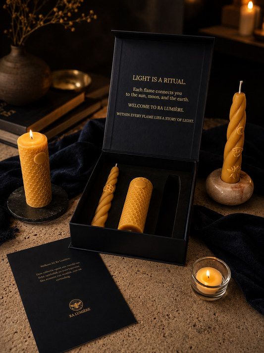 Ra Lumière beeswax candle collection with Earth, Moon and Sun ritual candles, natural stone holders and luxury gift box.