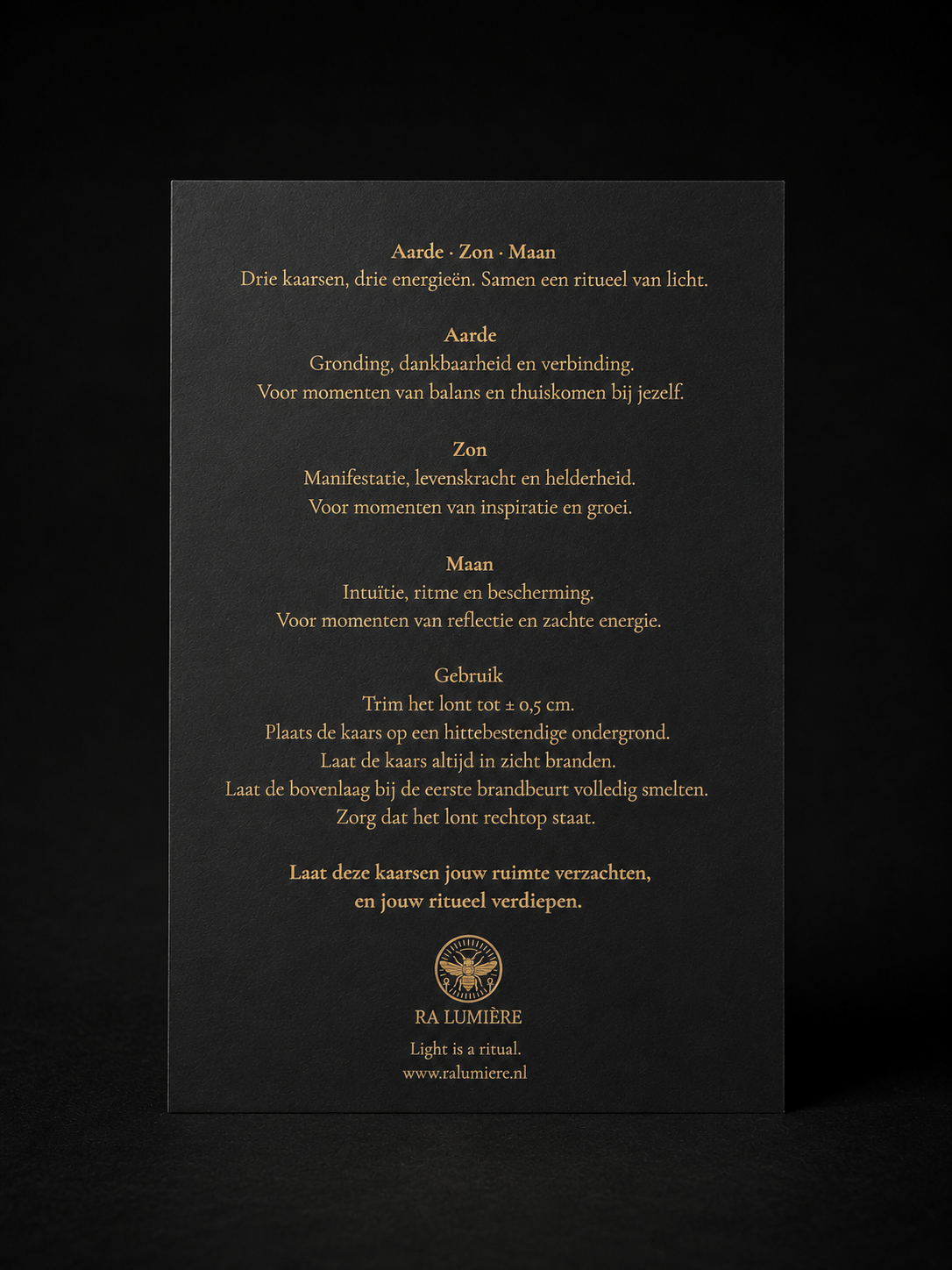 Ra Lumière Earth, Sun and Moon ritual card with candle symbolism, intentions and care instructions.