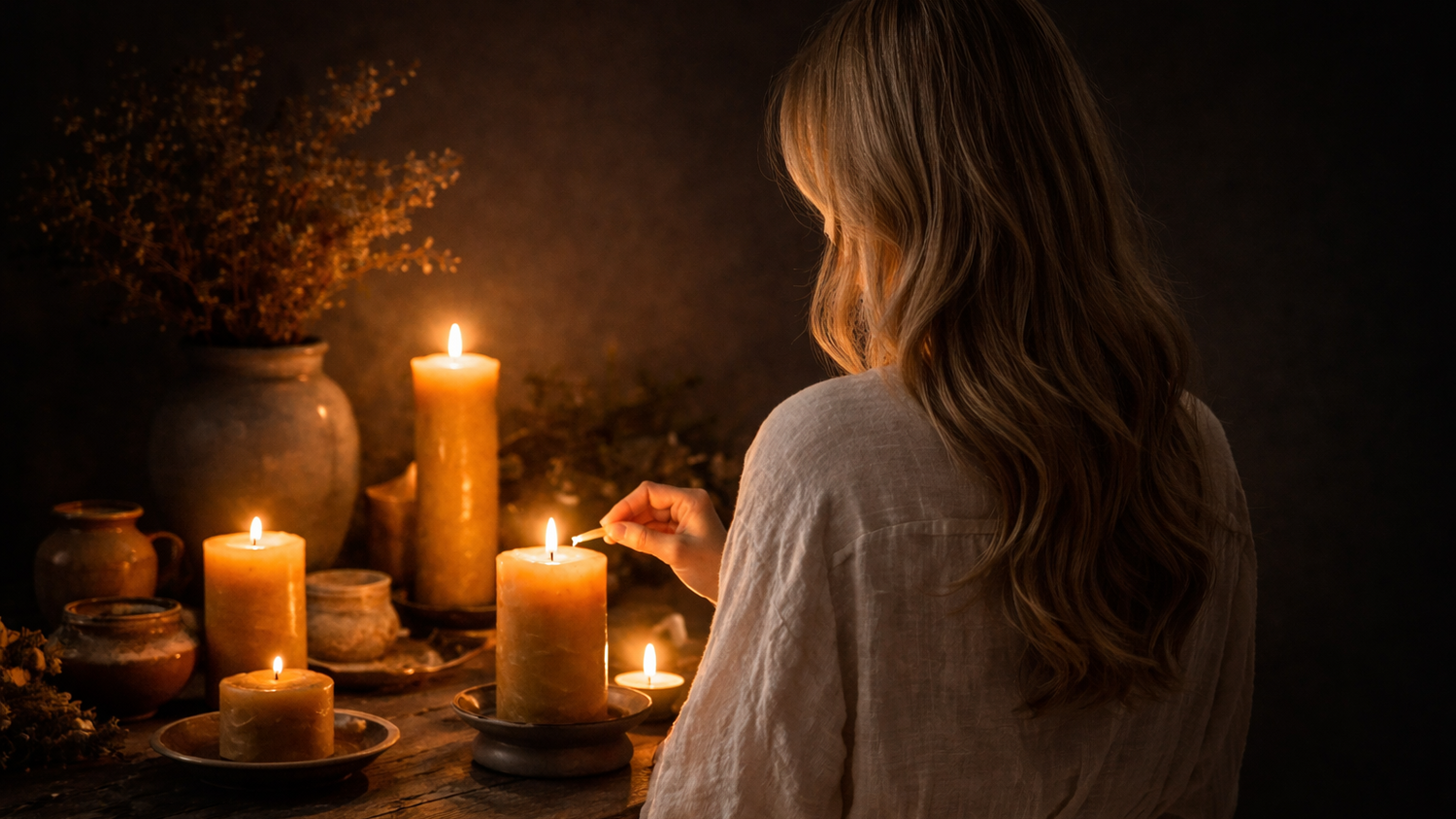 Marlin Vulders surrounded by candlelight with Ra Lumière beeswax candles, warm and calming atmosphere for ritual and relaxation