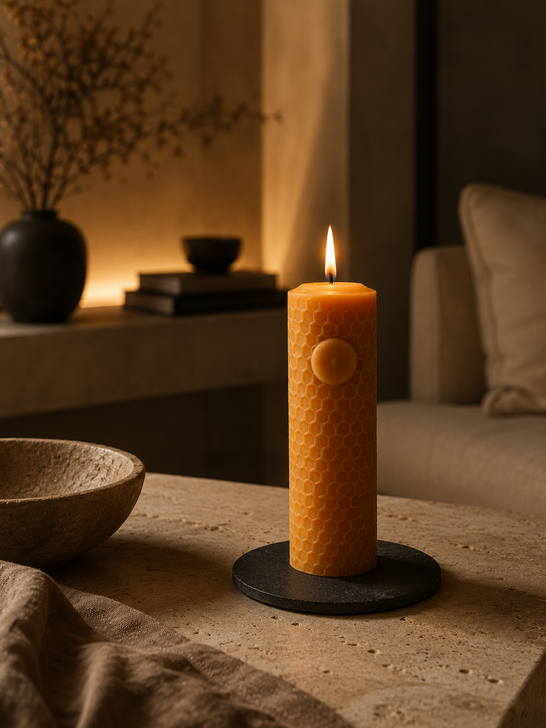 
`Ra Lumiere - Burning Ra Sun beeswax candle with honeycomb texture and sun symbol on a natural slate holder in a warm, minimalist interior.`
