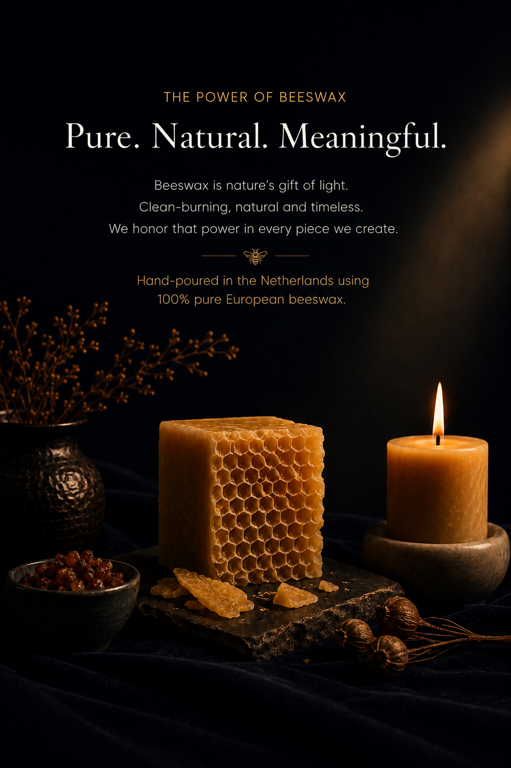 Luxury beeswax candle and natural honeycomb wax displayed in a warm, atmospheric setting. Hand-poured from 100% pure European beeswax, surrounded by natural textures and soft candlelight, reflecting the timeless ritual and craftsmanship of Ra Lumière.