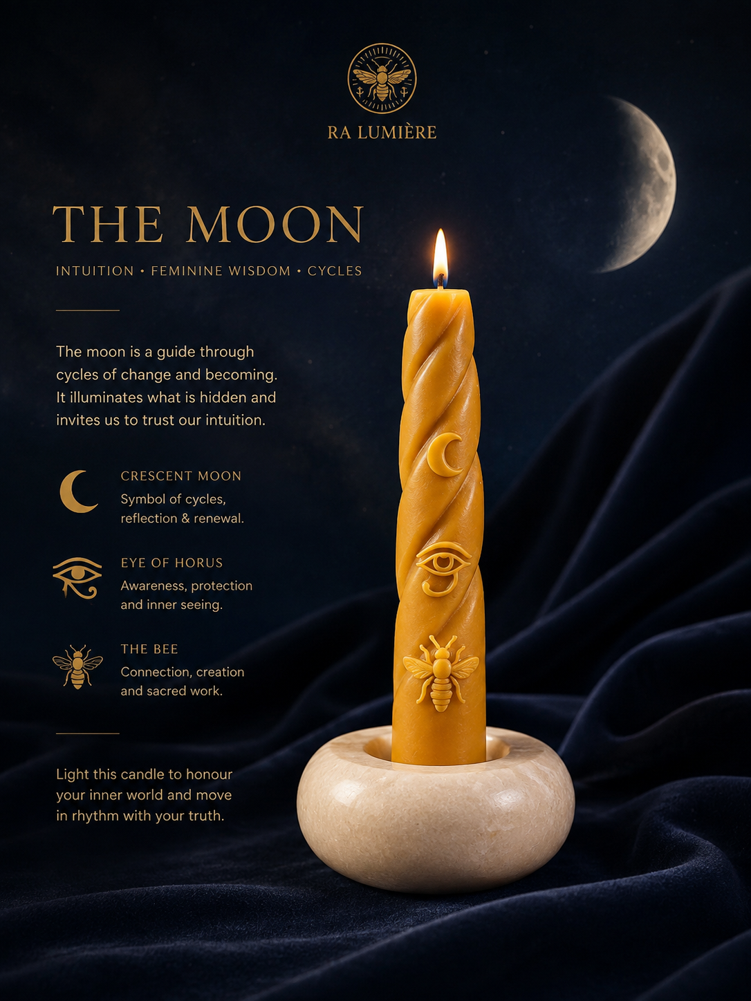 
`Ra Lumière Moon ISIS beeswax candle with crescent moon, Eye of Horus and bee symbols in a natural alabaster holder, representing intuition, cycles and renewal.`
