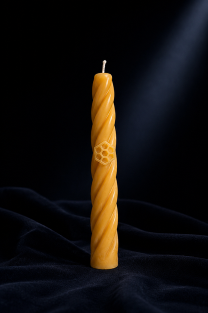 Ra Lumière Earth Candle Bee, handcrafted from 100% pure beeswax with spiral, honeycomb and bee symbolism.