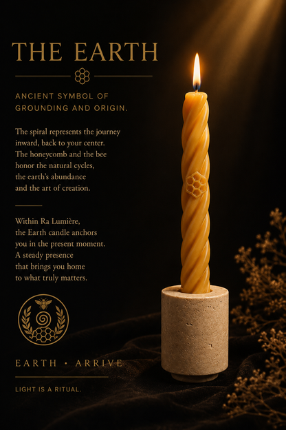 `Burning Earth beeswax candle with twisted design and honeycomb symbol, set in a natural travertine holder by Ra Lumière.`
