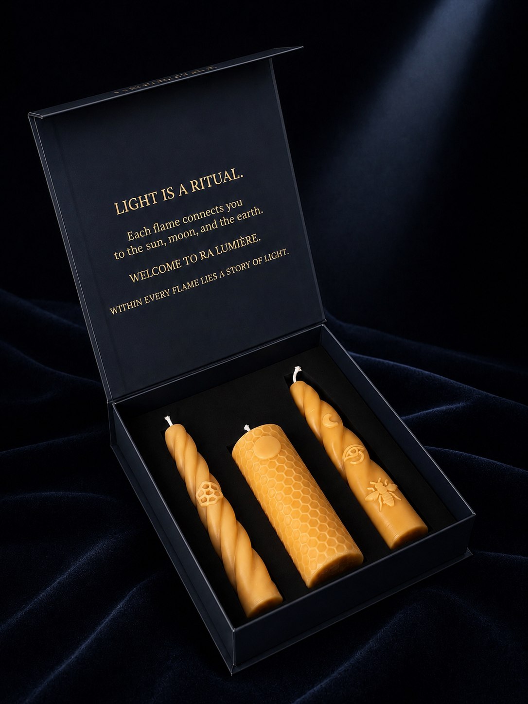 Ra Lumière luxury gift box with Earth, Moon and Sun handcrafted beeswax ritual candles.”