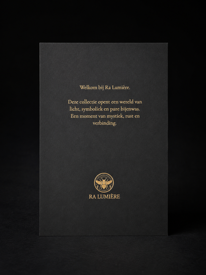 Ra Lumière welcome card for the ritual gift box, introducing a collection inspired by light, symbolism and pure beeswax