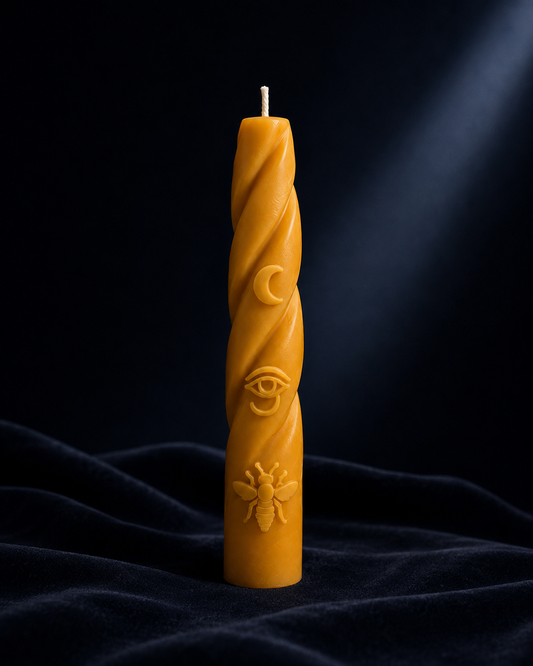 Ra Lumière Moon Candle Isis handcrafted from 100% pure beeswax, featuring symbolic moon and Eye of Horus details