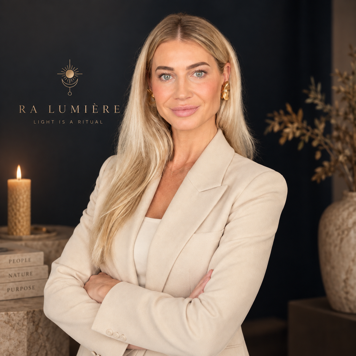 Marlin Vulders, founder of Ra Lumière, wearing a cream blazer against a dark, elegant background with candlelight and Ra Lumière branding.
