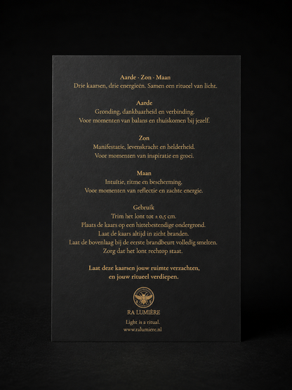 Ra Lumière Earth, Sun and Moon ritual card with candle symbolism, intentions and care instructions.